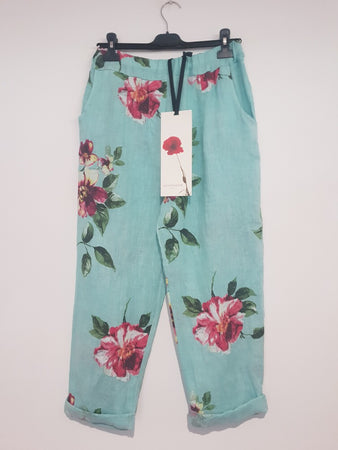 Eva Linen Floral Pants in Italian Linen. Sage Green Casual Floral Linen  Pants. 